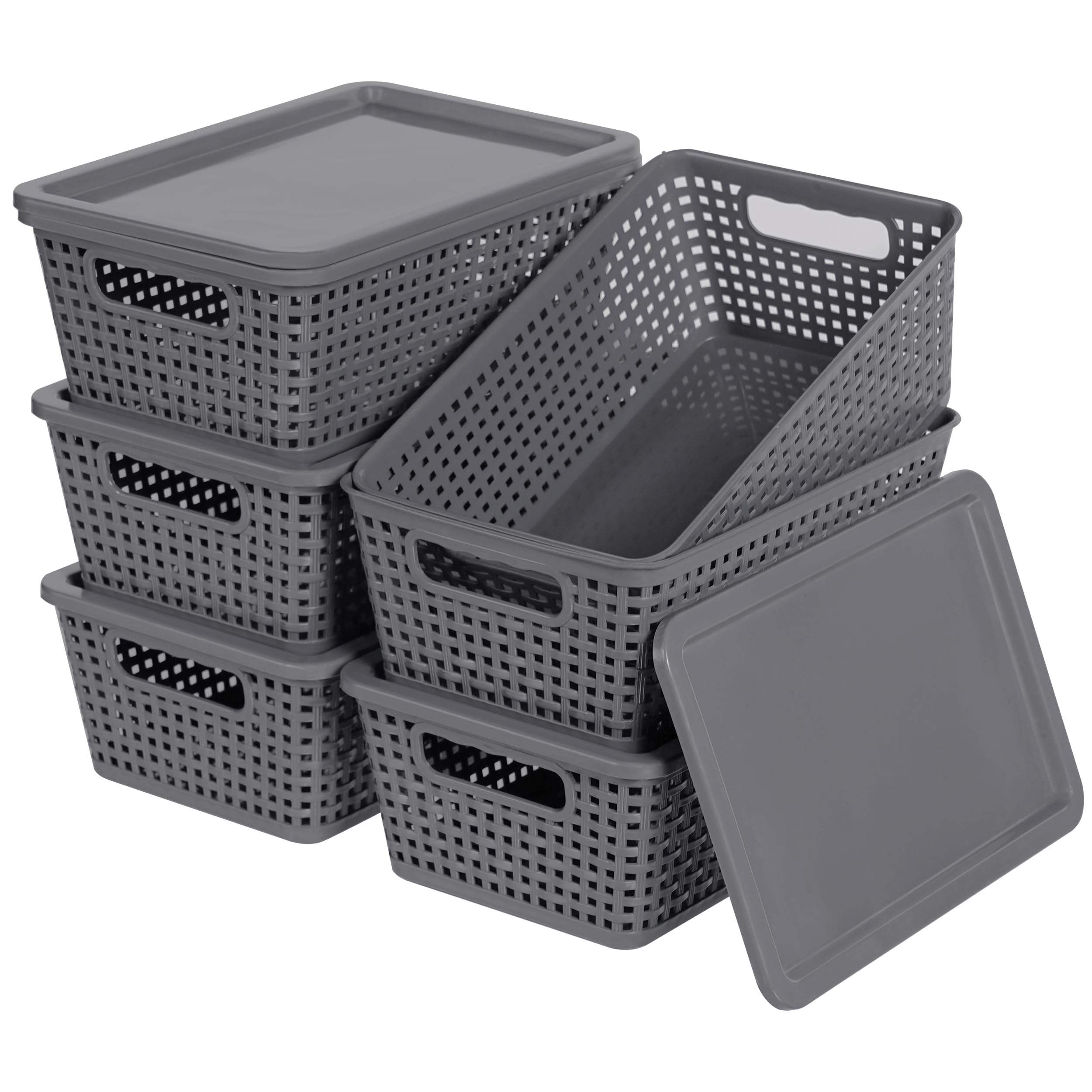 Photo 1 of Anywish Plastic Storage Baskets With Lid, Storage Bins for Organizing, Stackable Decorative Containers for Shelves Drawers Desktop Closet Playroom Classroom Office, 6 Pack-Grey