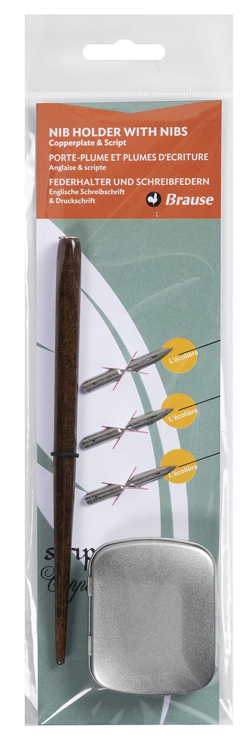 Brause 16002B - Writing set including wooden nib holder and 3 Ecolière (scripte) nibs 65B and a small box - Calligraphy - writing - Arts and Crafts tools