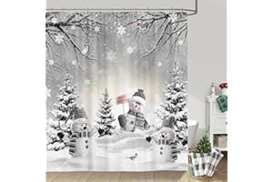 GOAOK Farmhouse Winter Christmas Shower Curtain, Cute Snowman Snow Forest Pine Tree Scene Shower Curtain for Bathroom Rustic Xmas Snowflake Holiday Gray Bathroom Accessories Polyester 72"X72" with Hooks