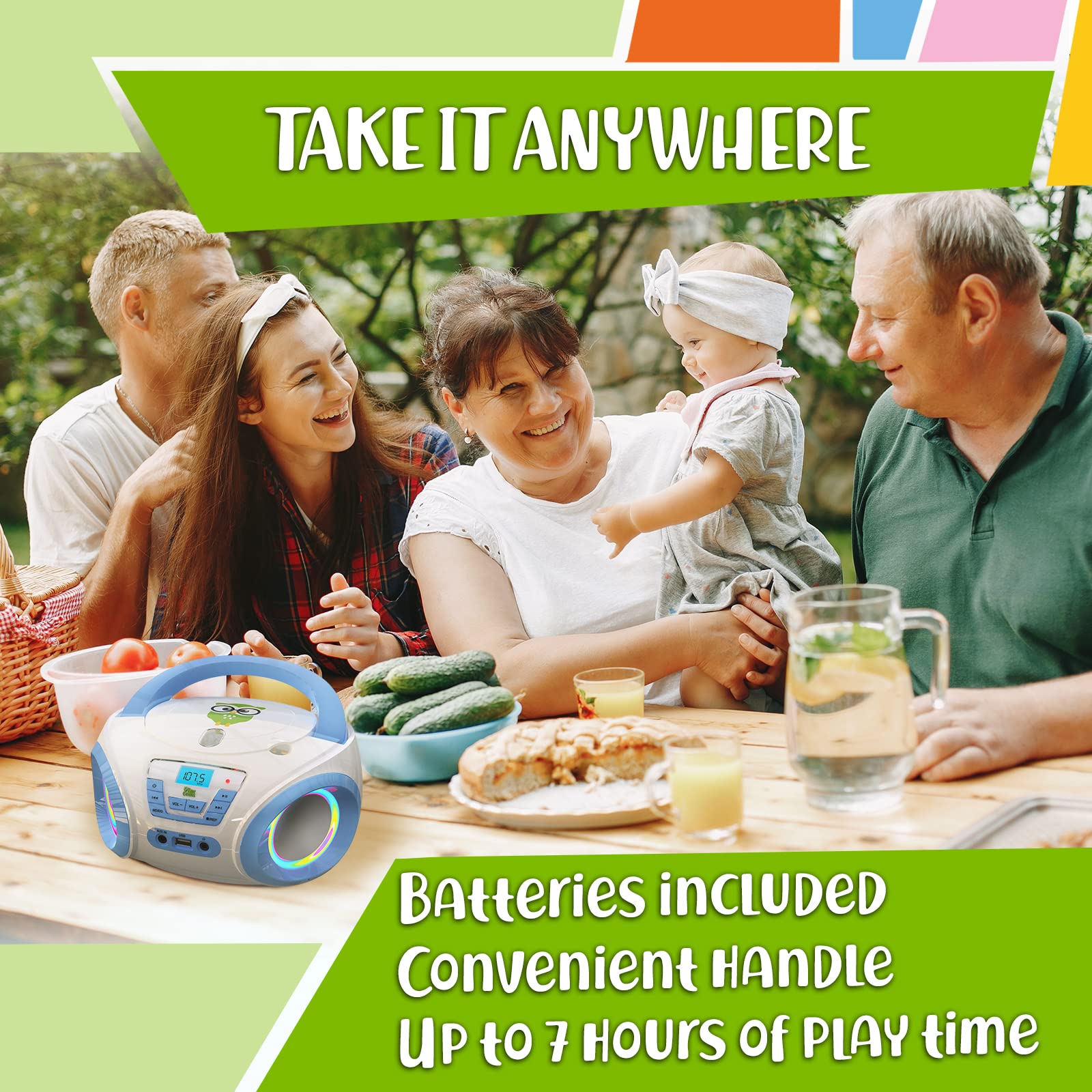 Tunes Kids Boombox CD Player for Kids - NEW 2023 - FM Radio - Batteries Included - Cute white Radio cd Player with Speakers for Kids and Toddlers - Blue