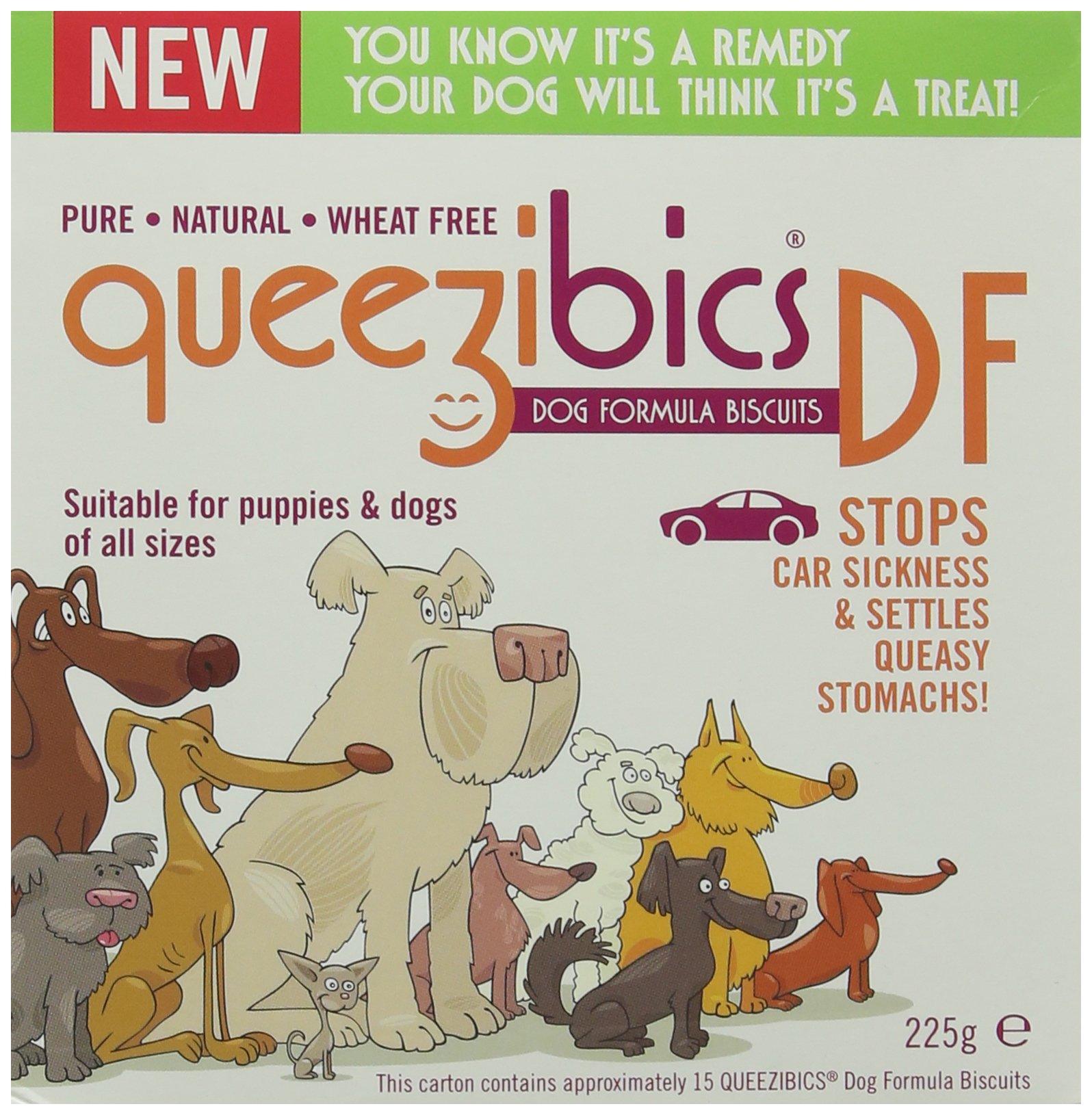 QueezibicsDF Dog Formula Biscuits Travel Sickness Biscuits, 225 g, transparent