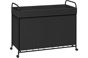 CASAMAYA Laundry Basket with Wheels, 3-Section Rolling Laundry Hamper, Laundry Sorter with Removable Liner, Steel Frame with Handle, 150L, 29.1 x 13 x 25.2 Inches, Black, LHC150B01