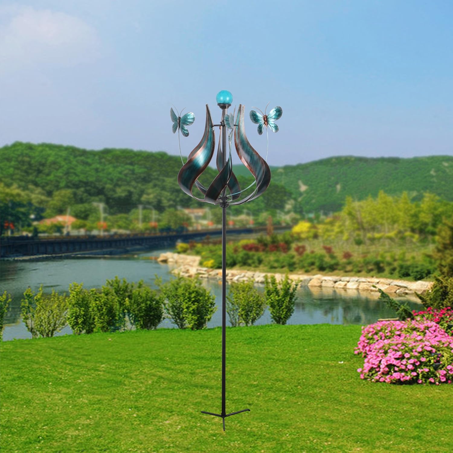 Peaktop Outdoor Kinetic Solar Light Wind Spinner Windmill, 73" Height, Teal: Furniture & Decor
