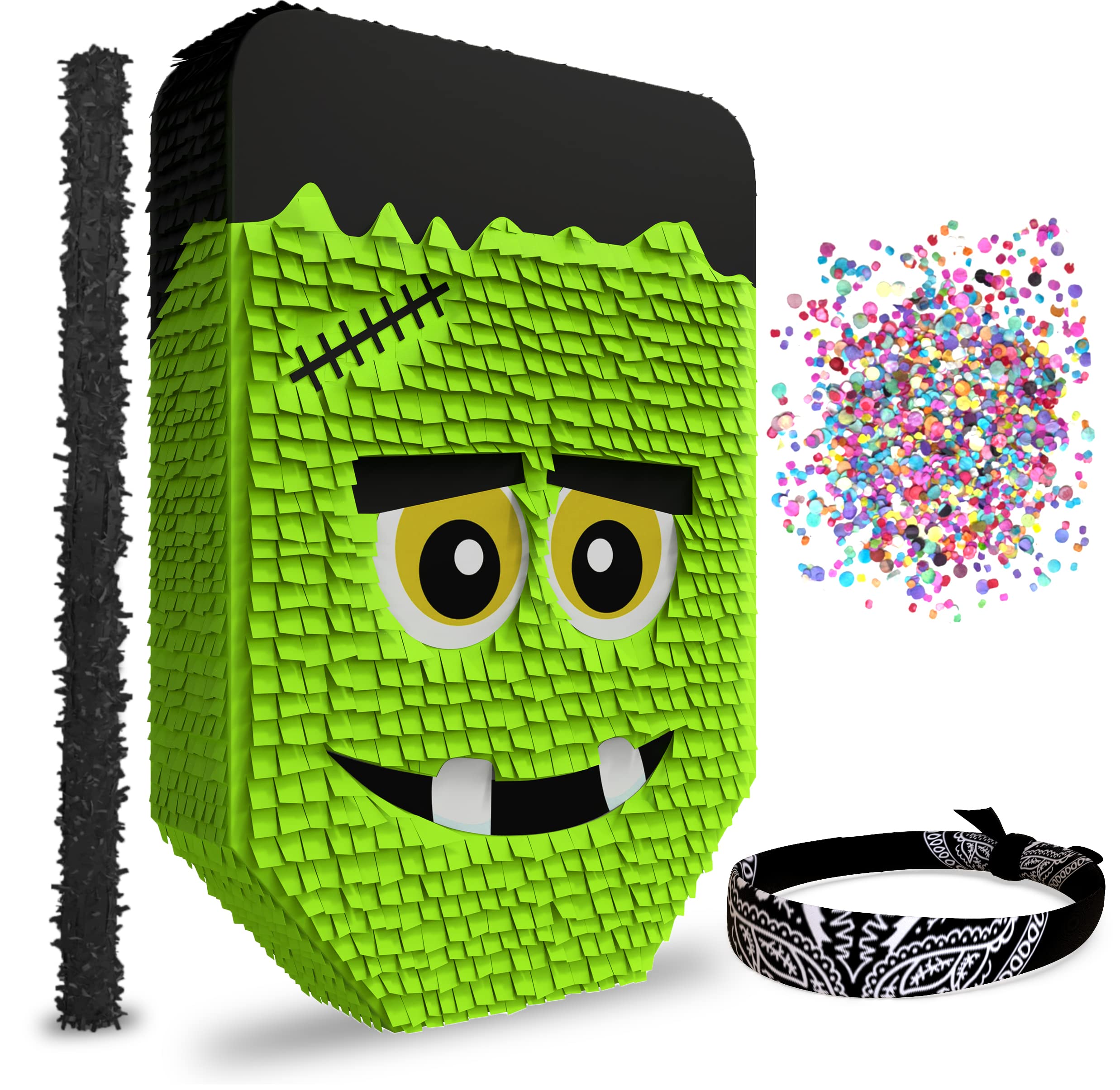 Cute Frankenstein Halloween Piñata 3-piece Bundle for kids and adults, fits 2lbs of candy, perfect for Halloween party, spooky decorations, October birthday and party supplies