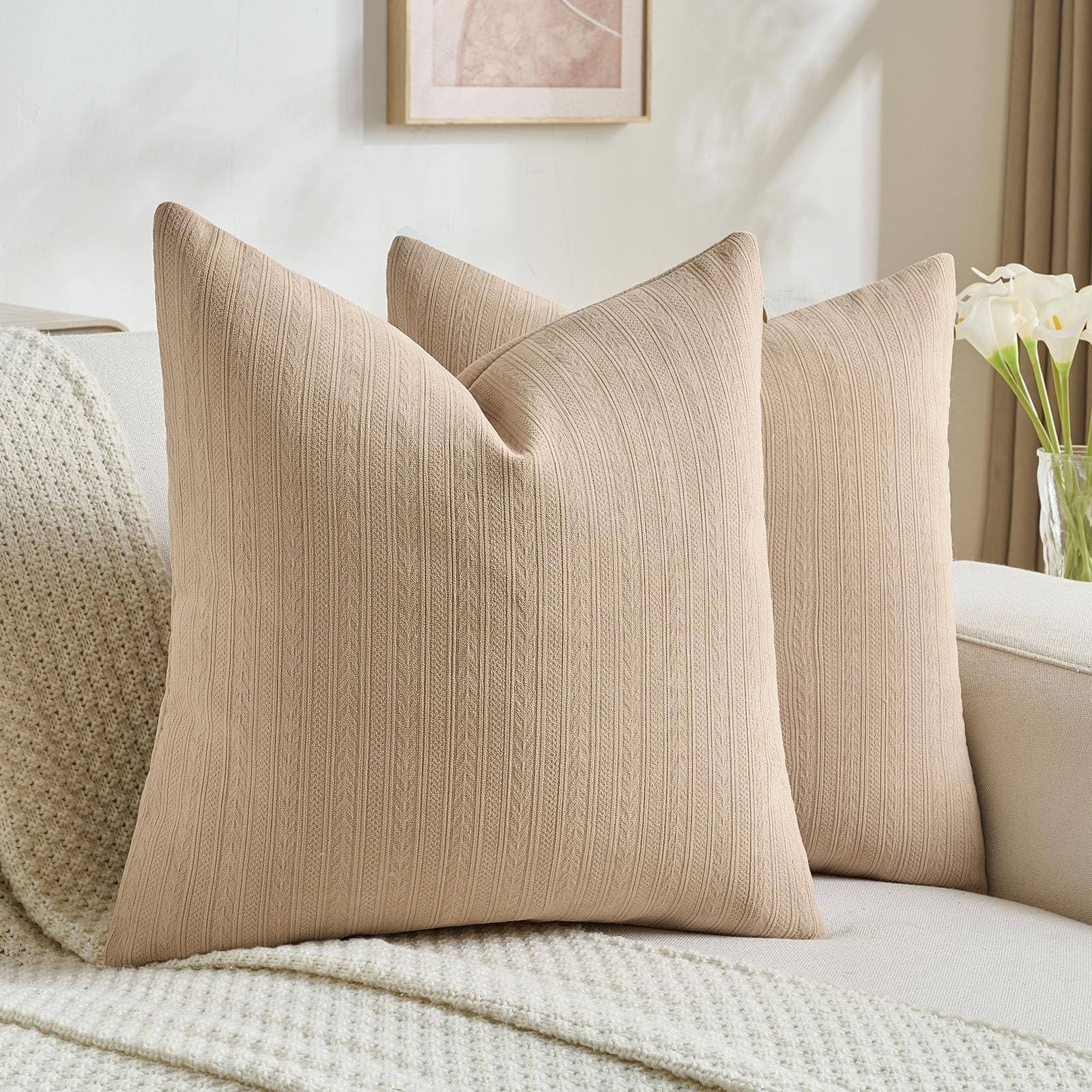 Photo 1 of FUTEI Golden Brown Decorative Throw Pillow Covers 18x18 Inch Set of 2,Soft Cozy Wheat Ear Striped Patterns Cushion Cases,Modern Home Decor for Couch Bed Living Room