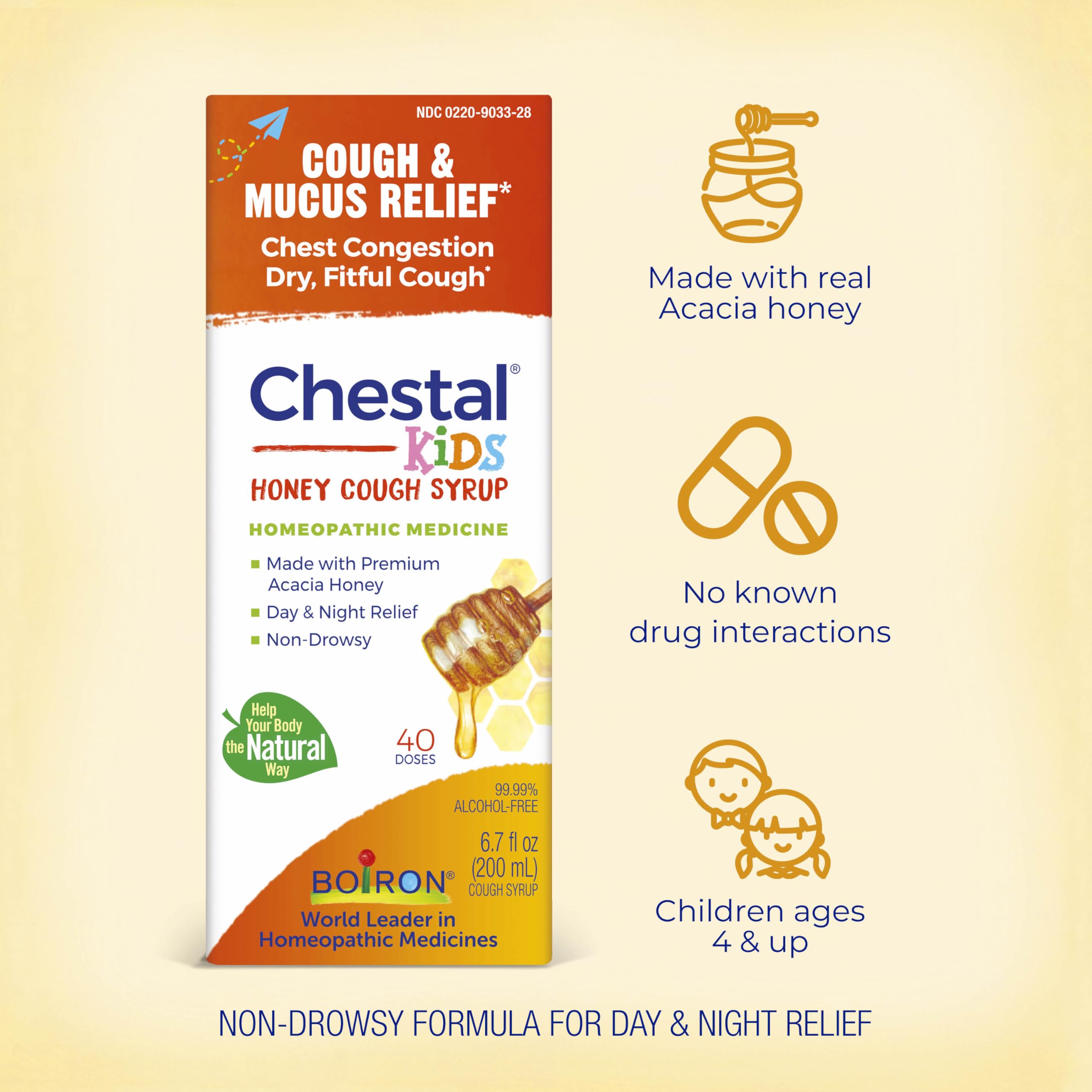 Boiron Chestal Honey Children's Cough Syrup for Nasal and Chest Congestion, Runny Nose, and Sore Throat Relief - 6.7 Fl oz
