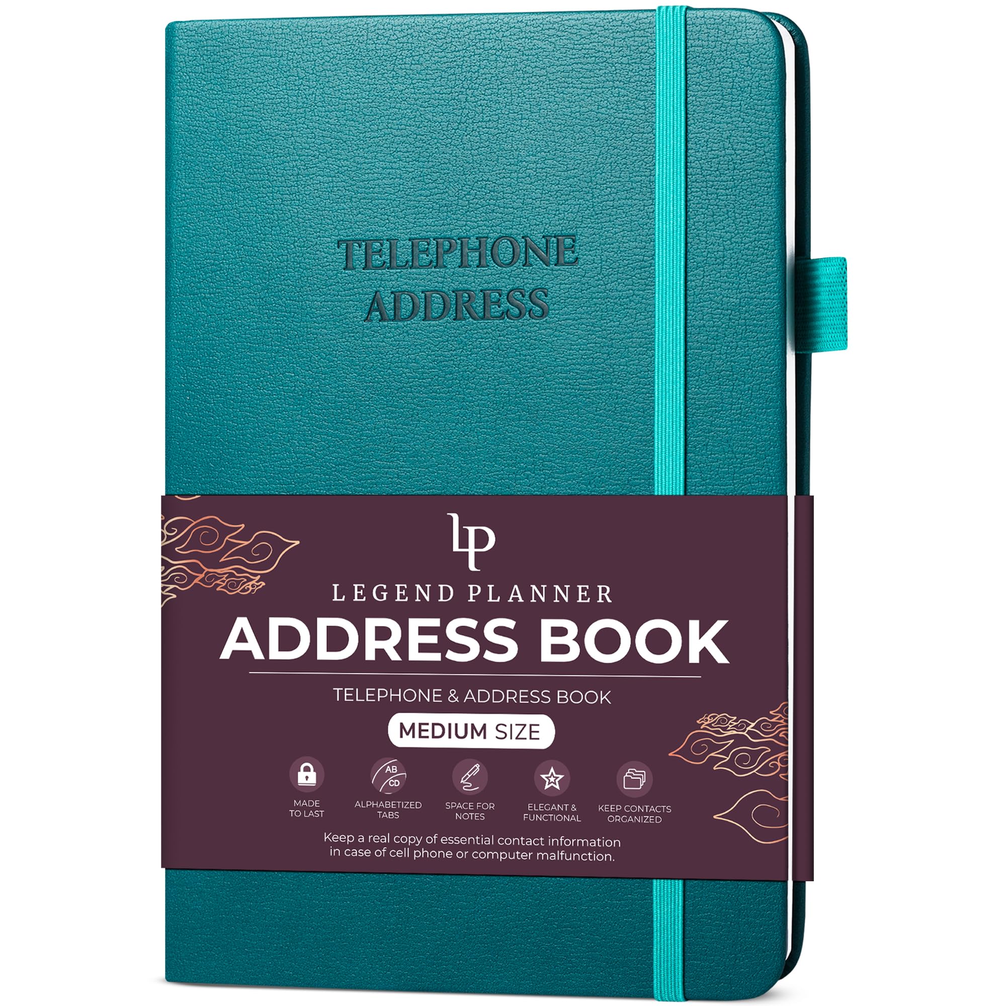 Legend Planner Address Book with Alphabetical Tabs –Telephone Contacts Book for Phone Numbers, Addresses, Passwords, Medium (Dark Teal)