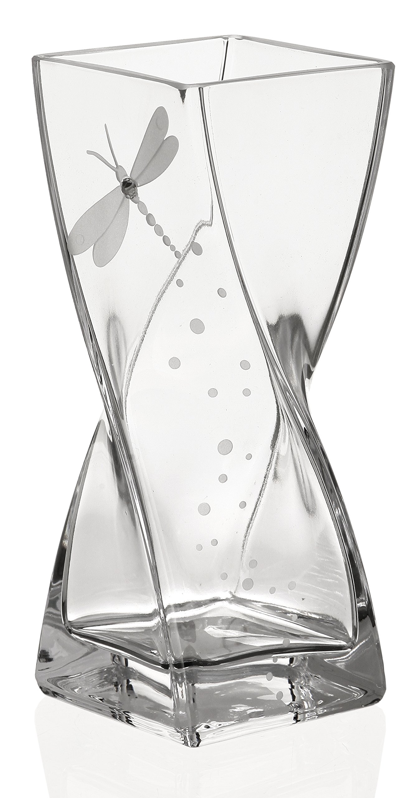Dragonfly Vase - Mouth Blown Glass Vase - Decorated with Premium Crystal and Etched Dragonfly – Clear Square Ornament - Gift Boxed - 20 cm (7.9 in)