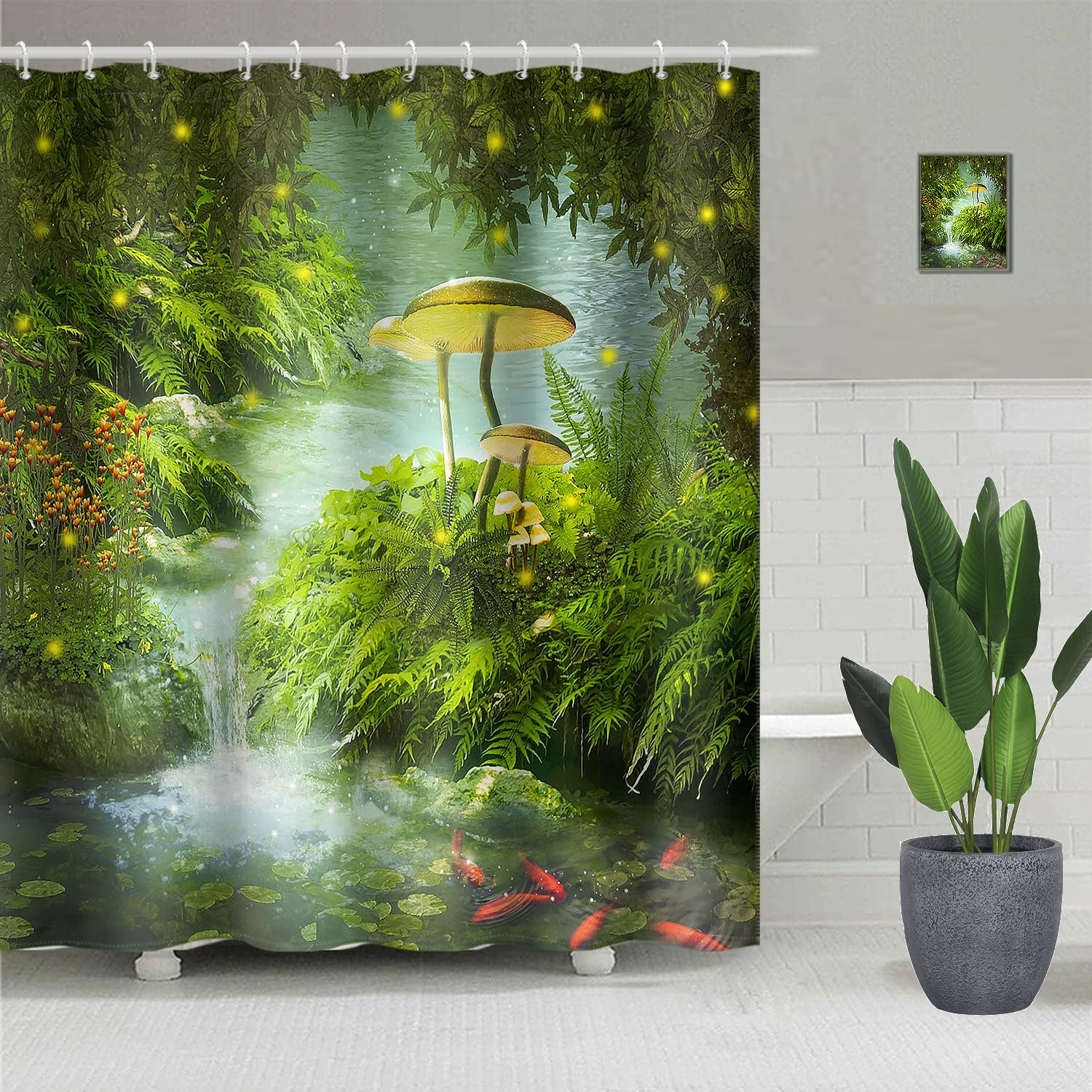 SDOTPMT 180x180cm Fairy Forest Shower Curtain Magic Fantasy Mushroom Green Grass Tree Leaves Bath Curtain Zen River Trippy Bathtub Curtain for Child Bathroom Decor Polyester Waterproof with Hooks