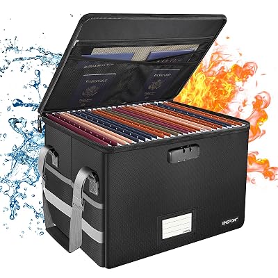ENGPOW File Box with Lock,Fireproof Document Box with Zipper＆Pockets,Collapsible File Organizer Filing Storage Cabinet with Handle,Portable Home Office Safe for Hanging Letter/Legal Folder,Black