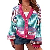 Saodimallsu Womens Striped Cardigan Sweaters Oversized Puff Sleeve Button Up V Neck Color Block Knit Sweater Coat