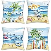 COZZSNUGE Coastal Beach Throw Pillow Covers, Summer Surfboad Tropical Trees Starfishes Velvety Decorative Pillowcases for Sofa Bed Home Patio Set of 4, 18 x 18 Inches