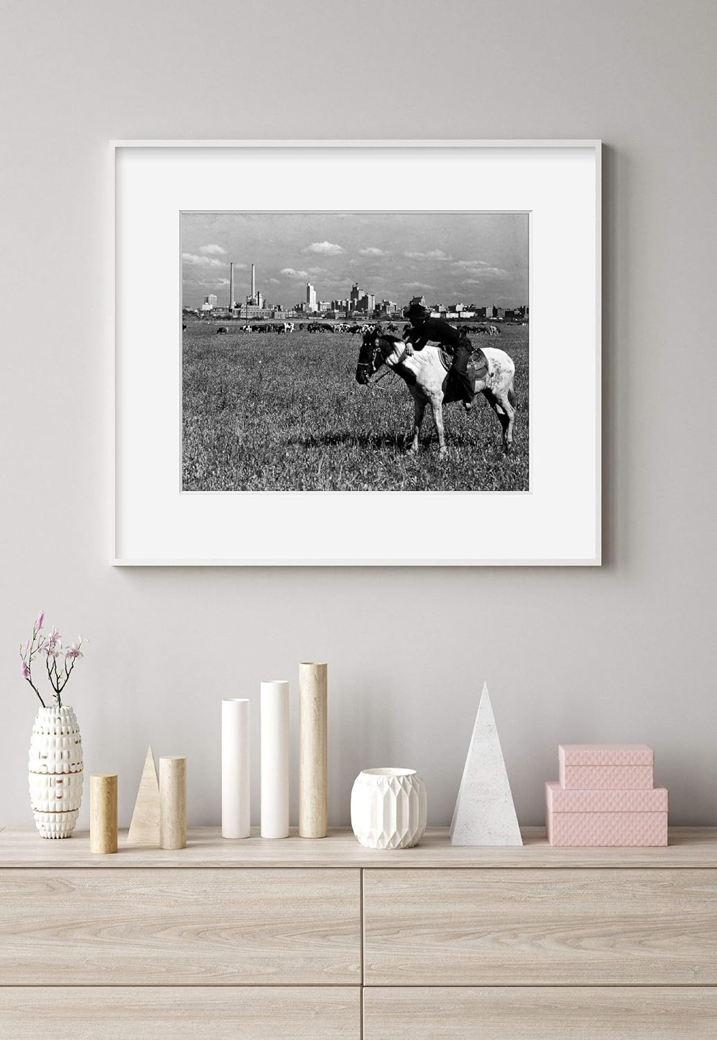 Photographs - INFINITE PHOTOGRAPHS Photo: Skyline,Dallas,Texas,TX,c1945,Cowboy,Horse,Cattle Herd