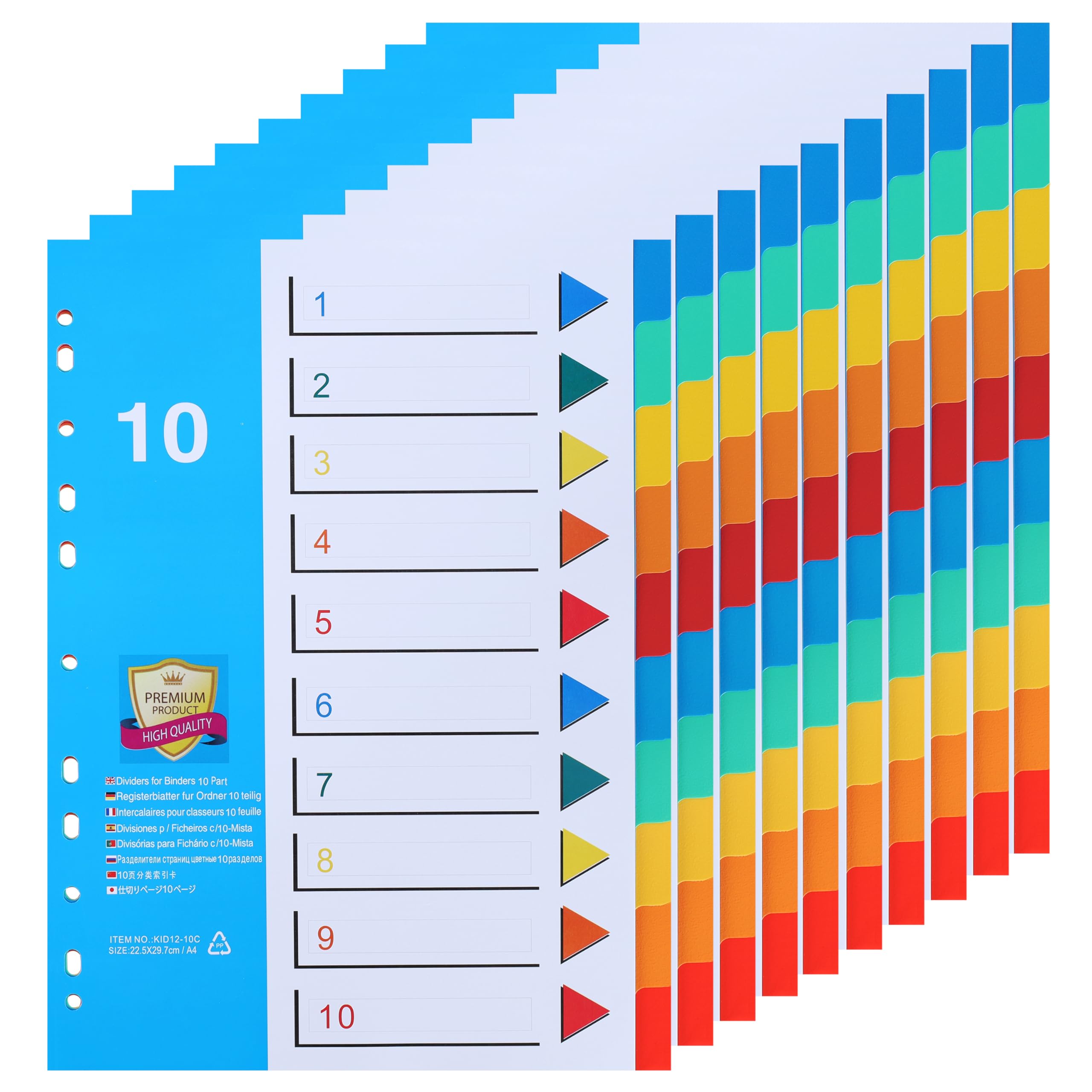 (10 Pack) A4 File Dividers 10 Part Numbered 1-10,Subject Divider with Numbers Multipunched Reinforced Colour Index Tabs for Home Office