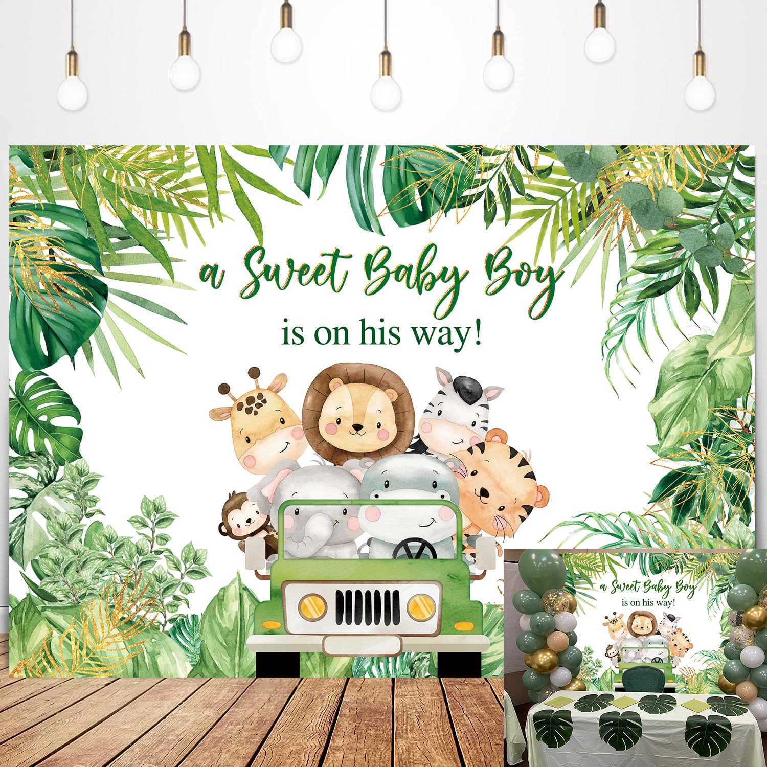 Jungle Animals Baby Shower Backdrop A Sweet Baby Boy is On His Way Photography Background Boys Baby Shower Photoshoot Wild Zoo Party Green Leaves Cake Table Decor 8x6FT