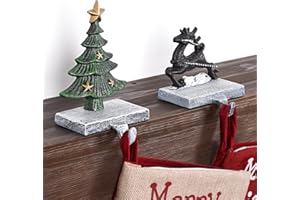 TECANA 3D Christmas Stocking Holders for Mantle Set of 2 - Heavy Duty Cast Iron Stocking Hangers for Mantel | Christmas Tree Reindeer Stocking Hooks | Fireplace Stocking Holders