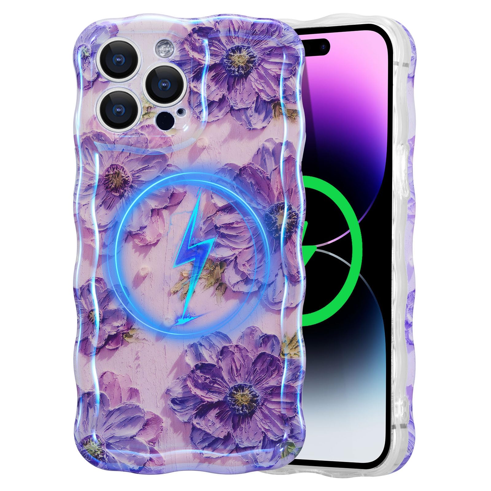 EYZUTAK Case for iPhone 15 Pro, [Compatible with MagSafe] Colorful Oil Painting Flower Glossy Cute Curly Wave Edge Exquisite Phone Cover Stylish Durable TPU Protective Case for Women - Purple