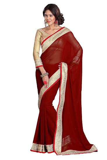 Womens Party Wear Faux Georgette Heavy Embroidery Lace Border Saree