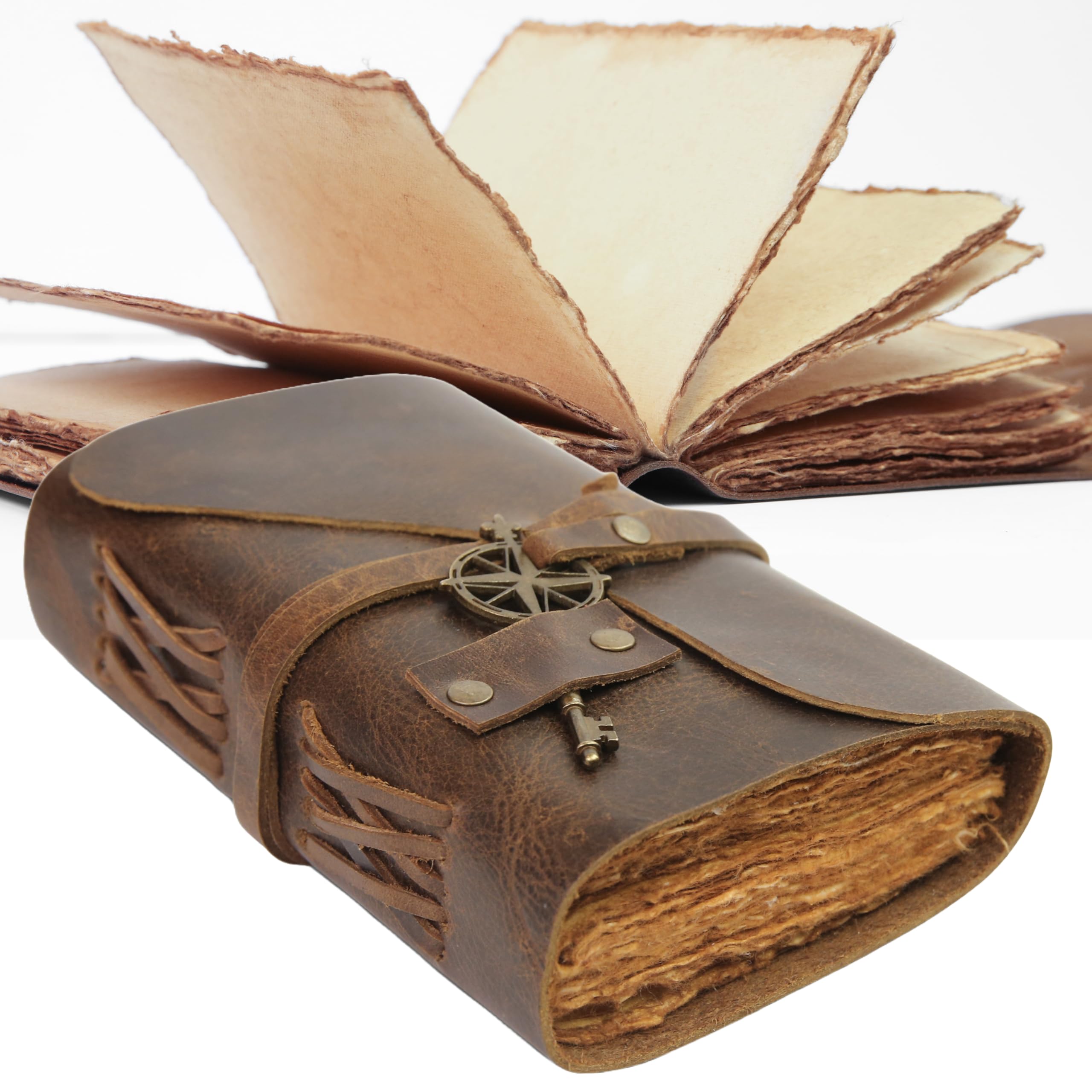 Wanderings Vintage Leather Journal - Only 4"x6" - 10x15CM - Small Antique Handmade Leather Bound with Old Fashioned Deckle Edge Paper - Perfect for Writing Shadows Journal a Grimoire Sketching