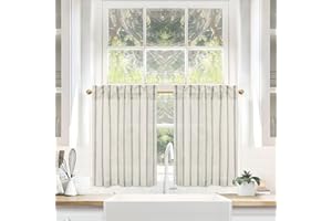 DriftAway Kitchen Tier Curtains - Striped Linen Short Pinstripe Cafe Curtains 36 Inch Length for Living Room Bathroom Chris Farmhouse Rustic Rod Pocket 2 Panels Loden Green