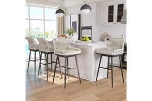 MEISSALIVVE Bar Stools Set of 4, Outdoor Bar Height Bar Stools, 30" H Swivel Wicker Rattan Outdoor Barstools with Boho Woven Rope Back for Kitchen Patio Garden, Beige