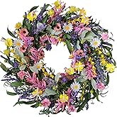 Bibelot Spring Wreaths for Front Door, 22 Inch Artificial Floral Wreath for Decoration with Daisy Lavender, Wildflower Wreaths for Indoor Outdoor Home Windows Wall Farmhouse Wedding Decor