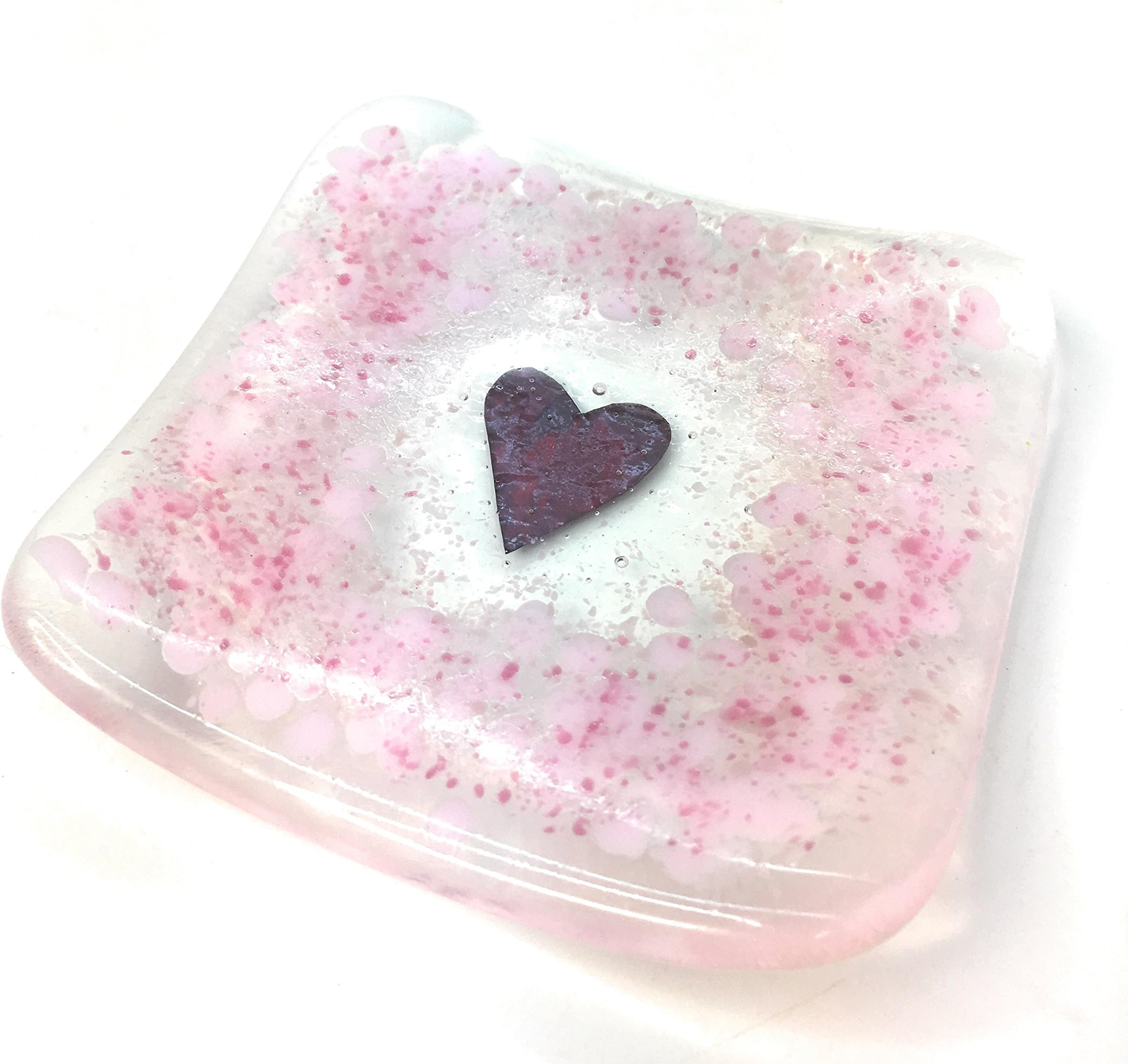 Pink fused glass heart trinket dish, bowl, candle or tealight Holder - Lovely Birthday, Valentines, Mothers Day, Christmas, Wedding, Anniversary, Teachers gift - for a desk, bedside & dressing table