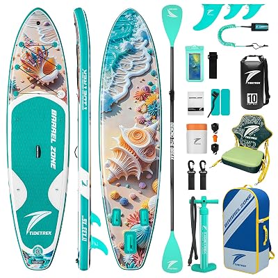 TIDETREK 11'/11'6" x 33"/34" x 6" Inflatable SUP Paddle Board – Extra-Wide, Stable Stand Up Paddle Board with Premium Full Accessory Set for Adults & Youth (Shell Whisper/Kayak Seat, 11'x33 x6)