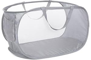 BEMKOO Durable Collapsible Laundry Baskets, Mesh Pop Up Laundry Hamper with Side Pocket, Foldable Clothes Storage Hamper with Reinforced Carry Handles for Laundry, Bathroom, Kids Room, Dorm or Travel Grey