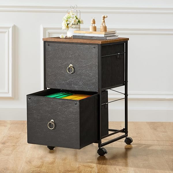 HOOBRO 2 DRAWER MOBILE FILE CABINET, ROLLING PRINTER STAND, VERTICAL FILING CABINET, OFFICE DRAWERS, FILING CART FOR HOME OFFICE, A4/LETTER SIZE, NONWOVENS DRAWER, BLACK AND RUSTIC BROWN BFK20WJ01