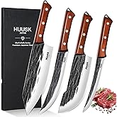 Huusk Butcher Knife Set, 4 PCS Hand Forged BBQ Knife Set for Meat Cutting, Sharp Meat Carving Breaking Knives with Ergonomic Handle, Christmas Gifts for Men Women