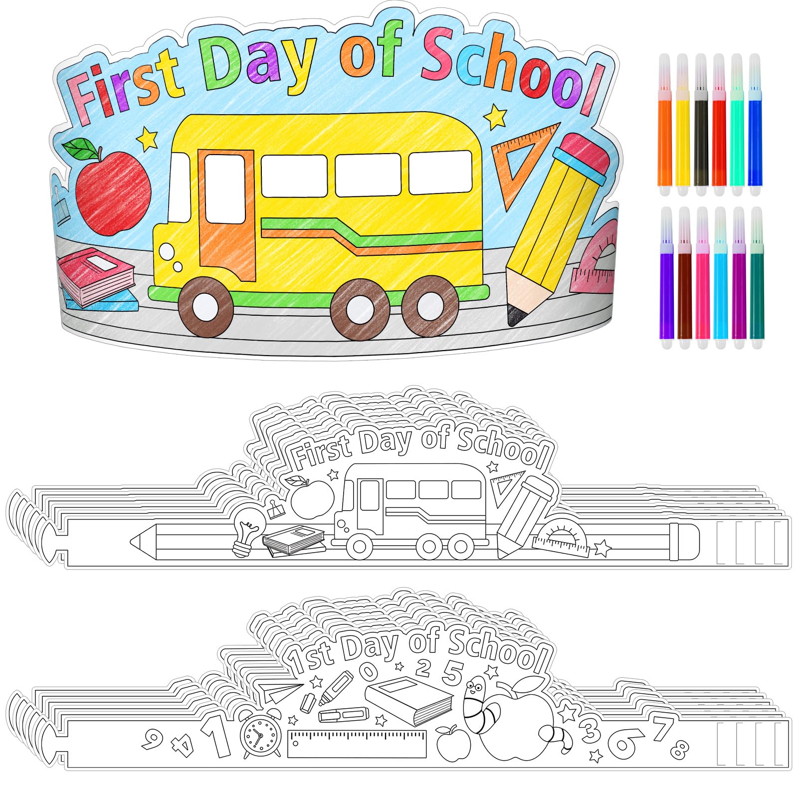 Photo 1 of AmazingSpark 24 Pack First Day of School Crown Crafts with Watercolor Pens Color Your Own Paper Crowns Adjustable Paper Hats for Classroom Home DIY Coloring Activities Back to School Supplies