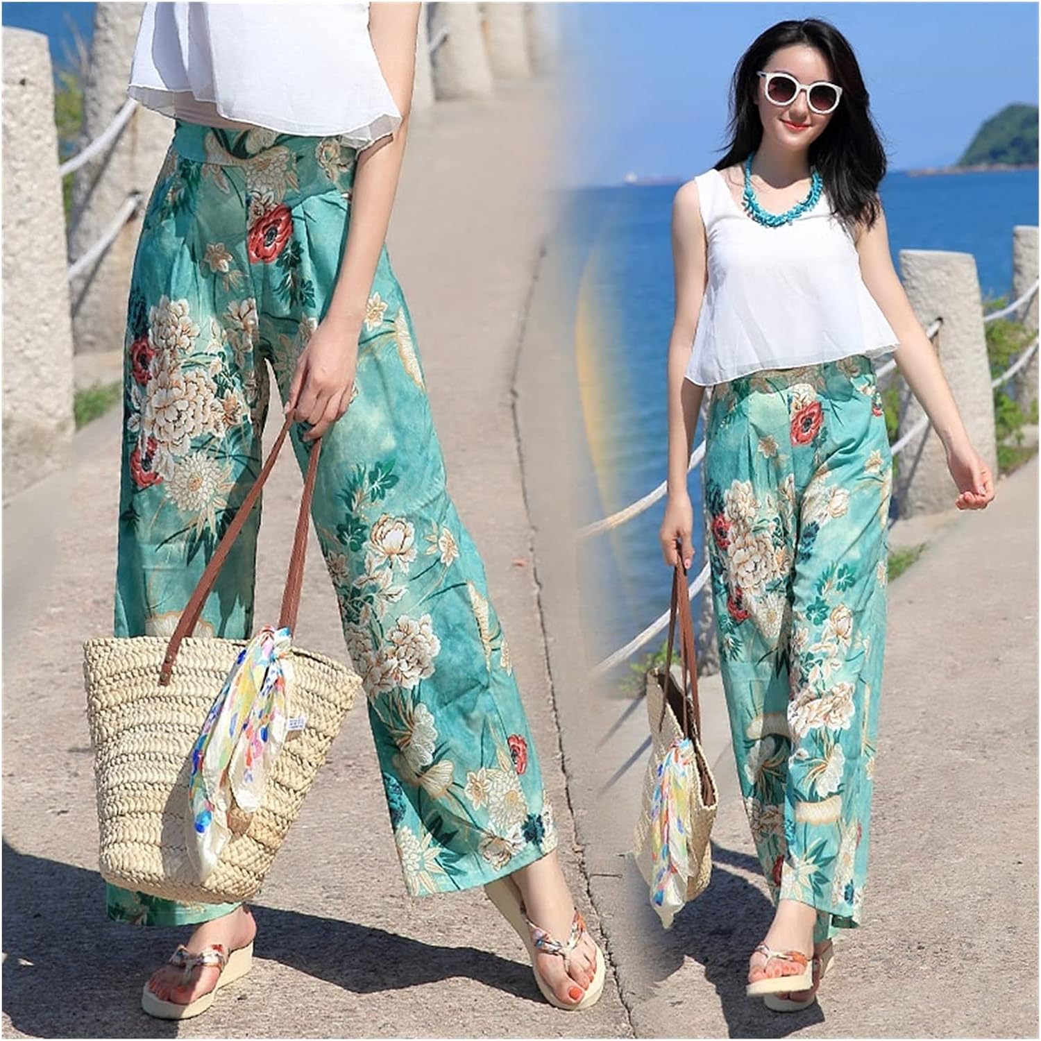YTGUEVKDH Summer Floral Print Boho Beach Pants Women Holiday Palazzo