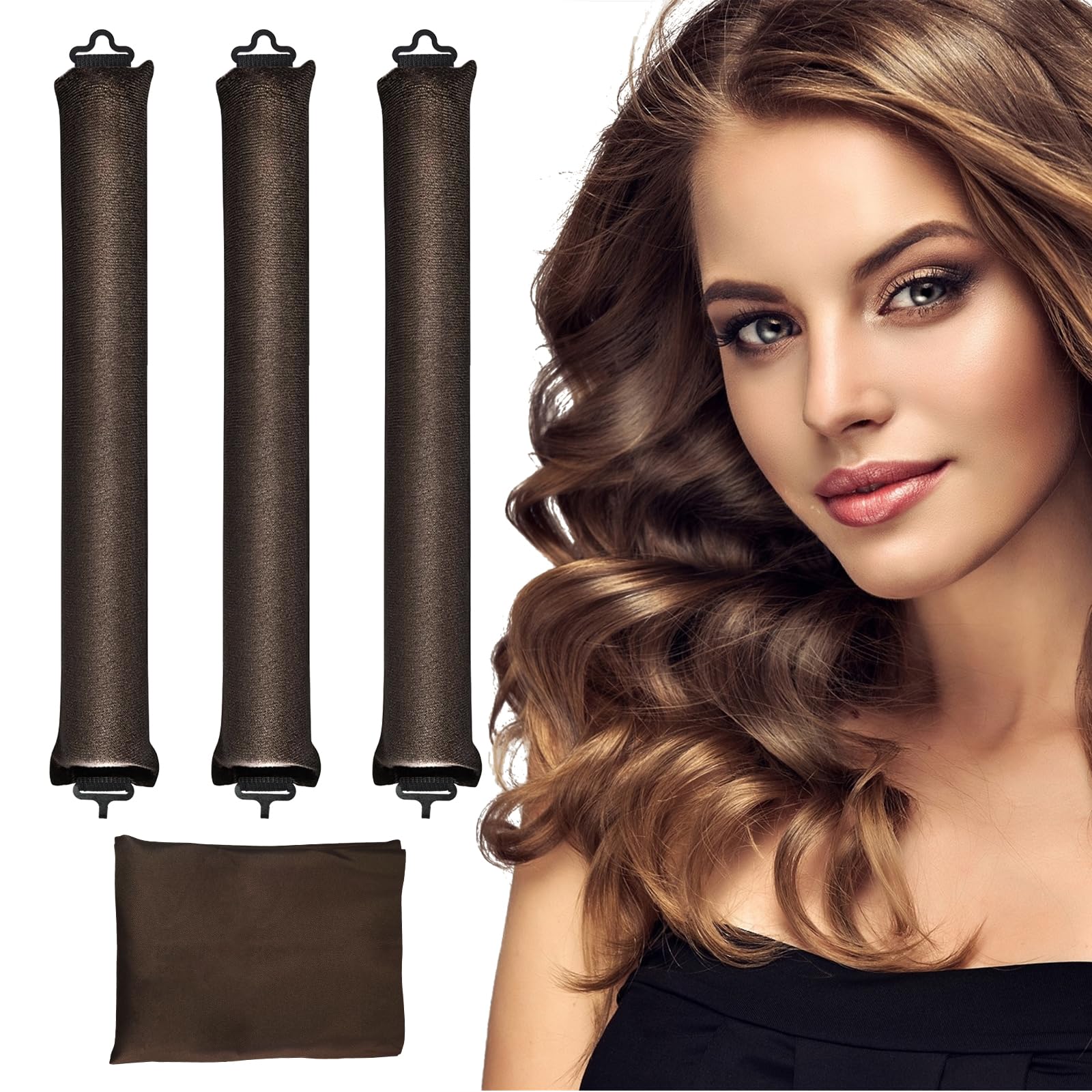Photo 1 of 4 PCS Heatless Hair Curler Set - Overnight Use Curling Rods with Silk Scarf for All Hair Types, No Heat Natural Waves Curls without Damage, Brown