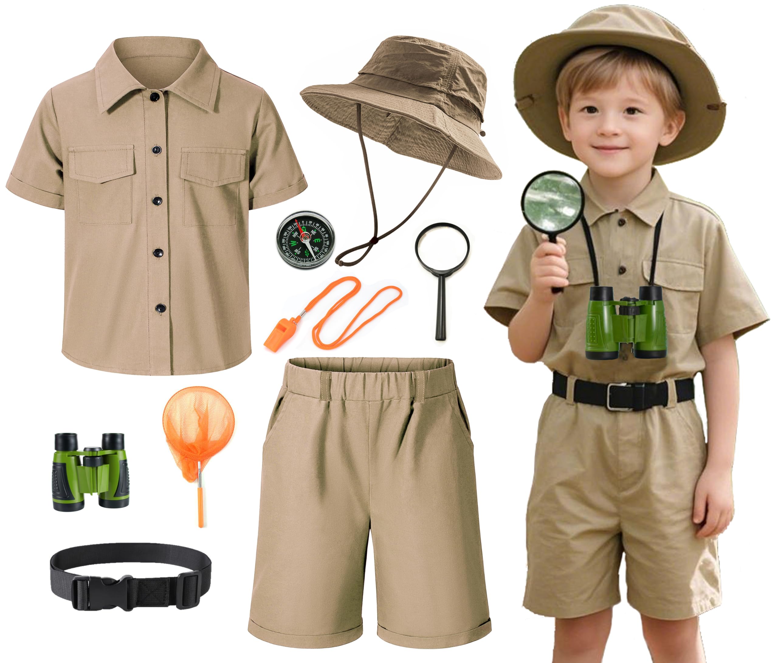 KAIPUTE Kids Explorer Adventurer Costume Boys Girls Safari Camping Trailblazer Jungle Seeker Outdoor Kit 6-7Y Khaki