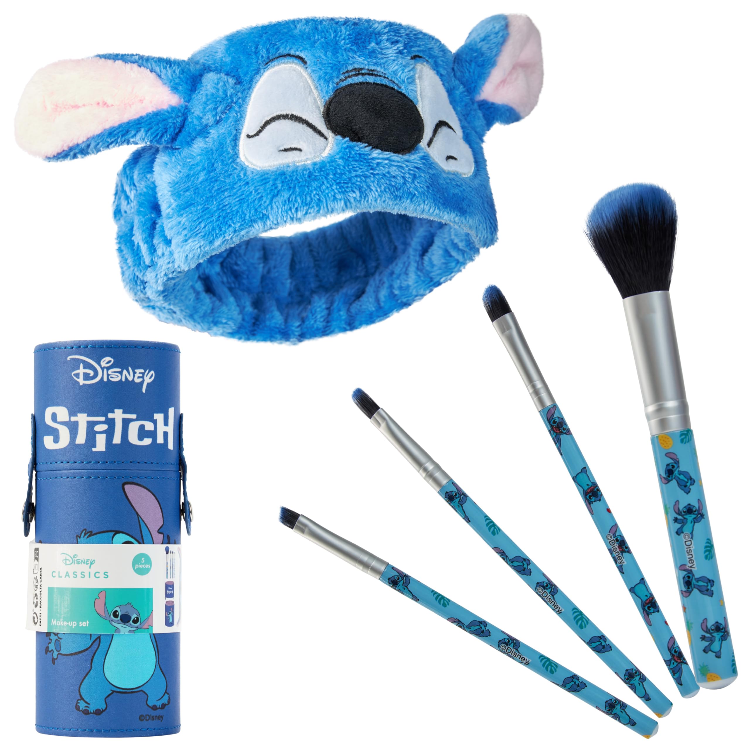 Disney Stitch Makeup Brush Set for Women Fluffy Makeup Headband Eyeshadow Brushes Travel Case Stitch Gifts (Blue)