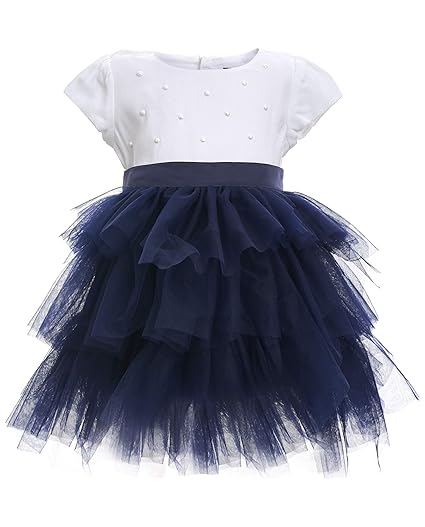 Gulliver Baby Mädchen Kleid | Farbe Blau Weiß | Kurzarm | Festlich mit Perlen| 100% Viskose | für 9-24 Monate