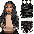 Brazilian Hair Deep Wave 3 Bundles with Frontal Virgin Hair Ear to Ear Frontal with Bundles 100% Unprocessed Human Hair Deep Curly Bundles Natural Color (14 16 18+12)