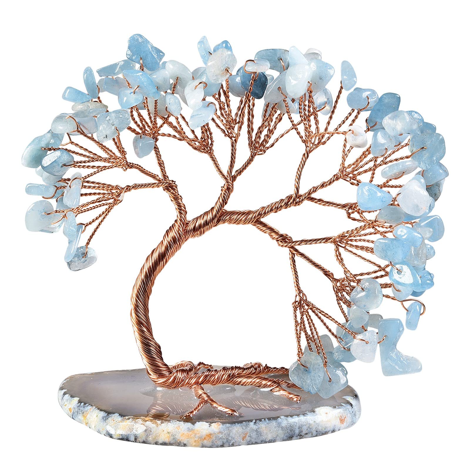 KYEYGWO Aquamarine Crystal Money Tree FengShui Bonsai Figurines with Agate Slices Base, Crystal Tree Home Office Ornament for Good Luck and Wealth, 3-4 inches Tall