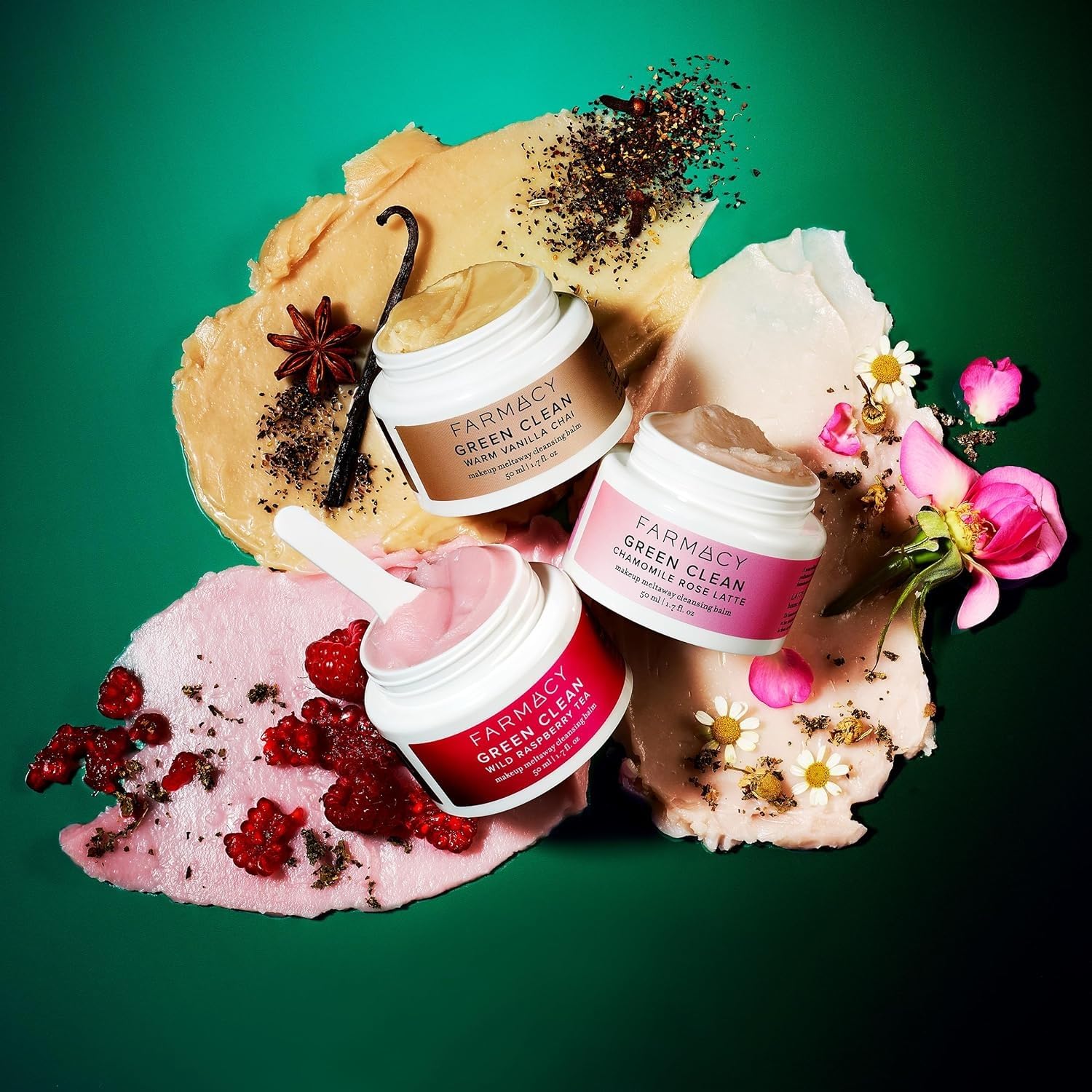 Farmacy Cleansing Balm Skin Care Set - Tea Harvest Travel Size Makeup Remover - Limited Edition Skincare Set Includes Warm Vanilla Chai, Wild Raspberry Tea + Chamomile Rose Latte (3 Count)