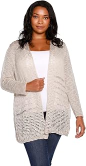 Belldini Plus Size Open-Front Pointelle Cardigan Sweater - Silver Lining