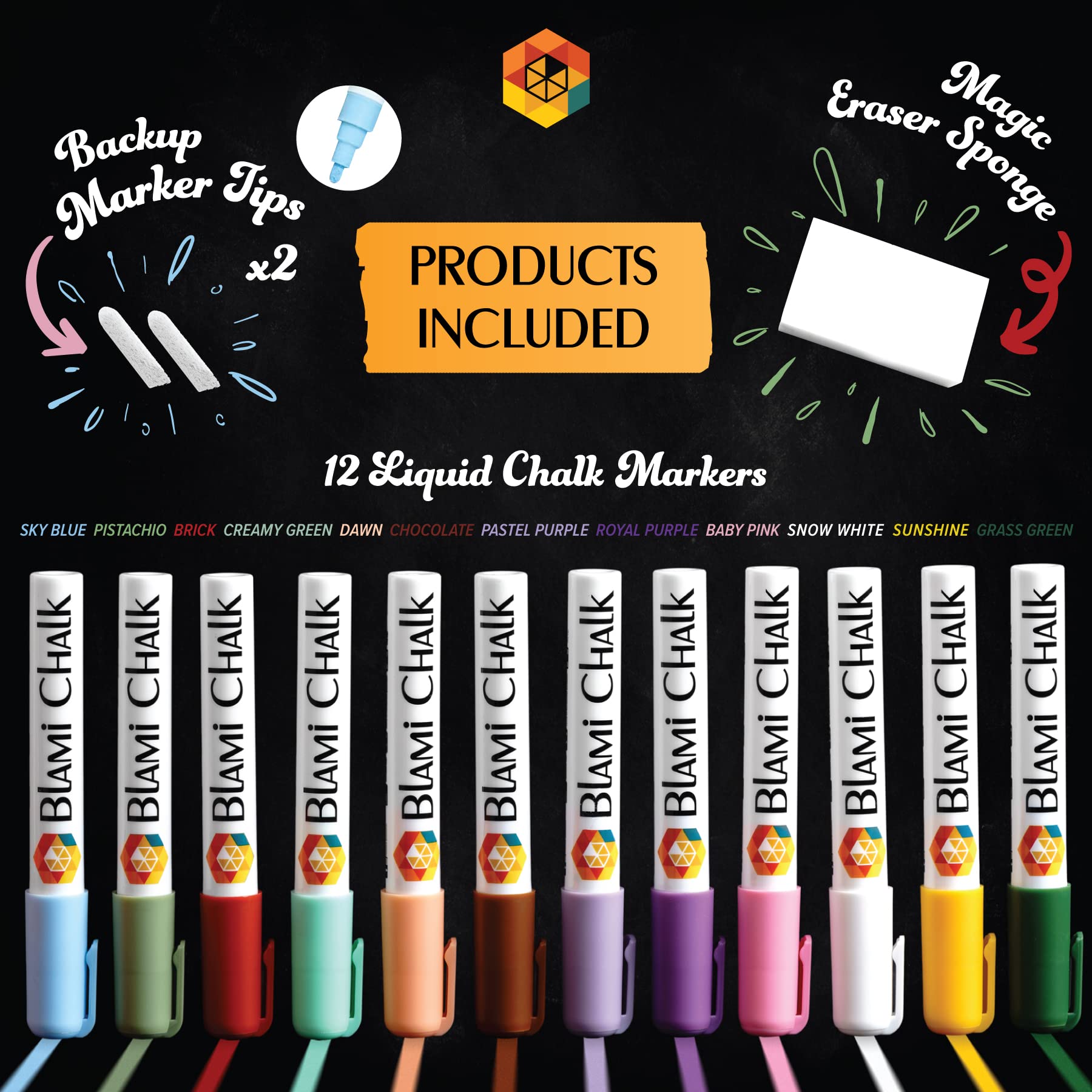 Blami Arts Chalk Markers Window Markers for Cars 12 Pastel Pens Set - Earth Colors Chalkboard Markers - Chalk Markers with Reversible Tips and Erasing Sponge Included