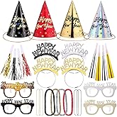 Auihiay New Years Eve Party Supplies - 32PCS Includes Cone Hats, Tiaras, Eyeglasses, Squawkers, Horns, Necklaces & Leis | 2026 Happy New Year Party Favors & Photo Props, New Years Decorations 2026