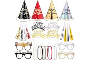 Auihiay New Years Eve Party Supplies - 32PCS Includes Cone Hats, Tiaras, Eyeglasses, Squawkers, Horns, Necklaces & Leis | 2026 Happy New Year Party Favors & Photo Props, New Years Decorations 2026