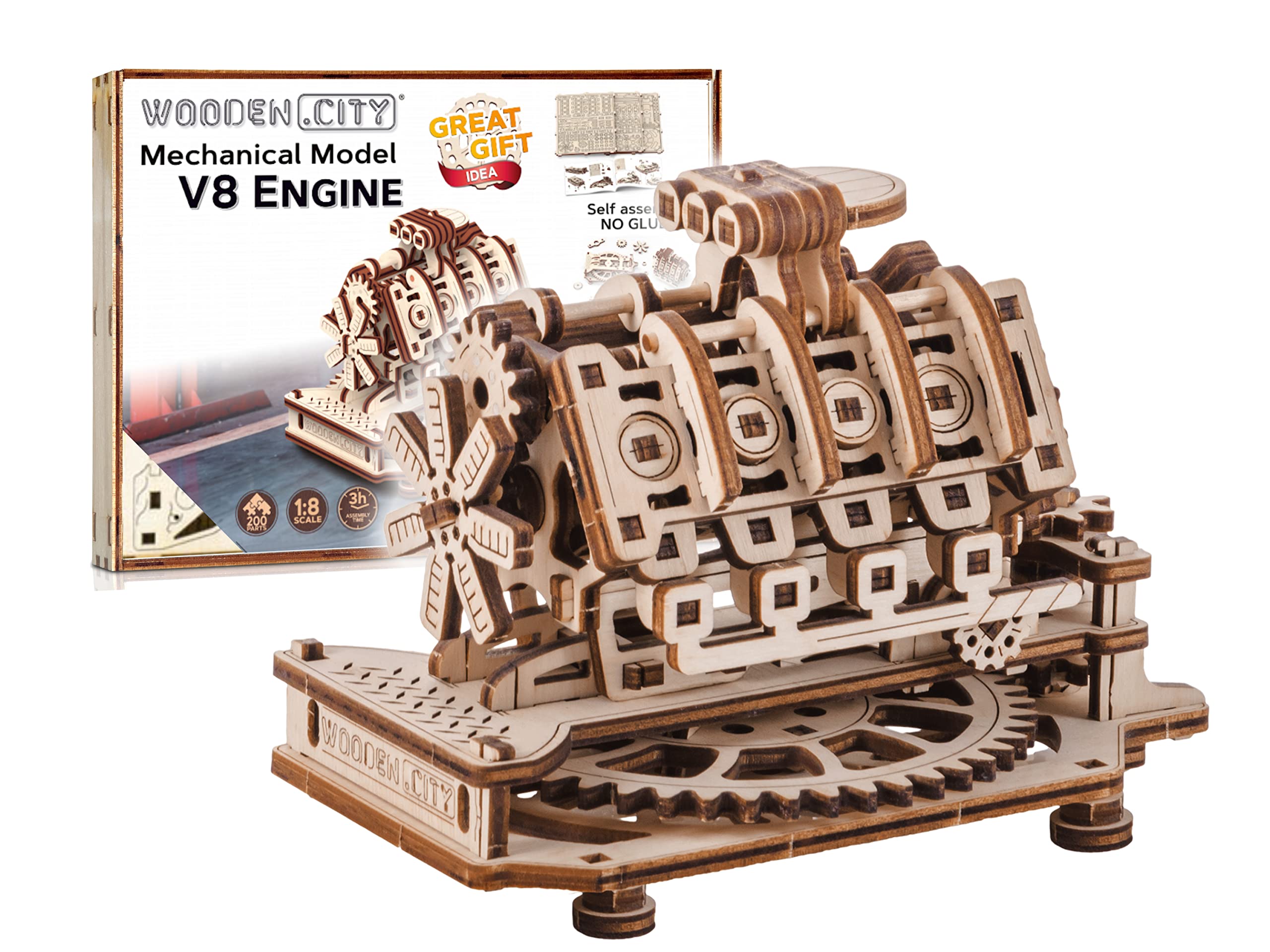 WOODEN.CITY V8 Engine Model Scale 1:8 - 3D Puzzles, Adult Wooden Puzzles & Model Kits - Unique EU-Made Gifts, Assembly Time 3H