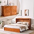 Homnso Queen Murphy Bed, Pine Wood Murphy Cabinet Bed with Tri-Folding Mattress,Storage Drawer with Auxiliary Wheel & USB Charging Station for Living Room Apartment (Brown 4#)