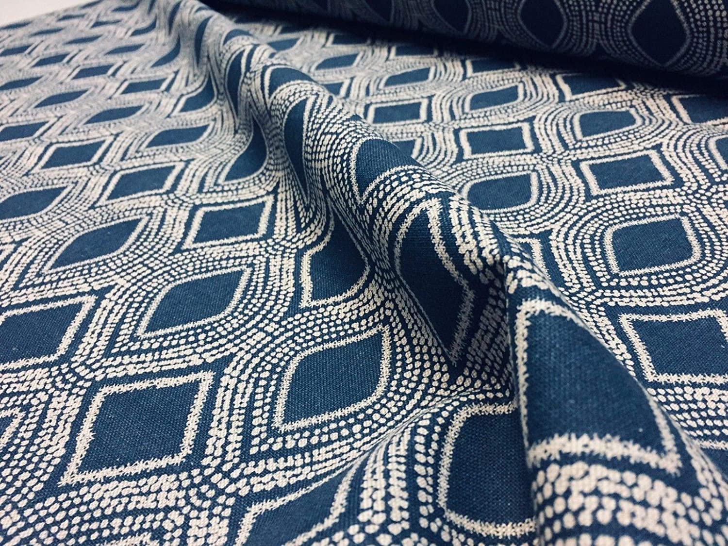 Art Deco Rhombus Damask Diamond Print Fabric Floral Cotton Material for Curtains Upholstery Home Decor - 140cm Wide Canvas - Navy Blue (2 Metres)