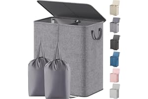 Lifewit Double Laundry Hamper with Lid and Removable Laundry Bags, Large Collapsible 2 Dividers Dirty Clothes Basket with Han