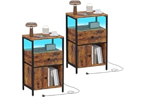 Yifeel Night Stand Set 2, LED Nightstands with Drawer, Side Table with Charging Station, Bedside Table with Storage Shelf and Cabinet, Rustic Brown JET004CSR2