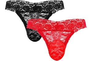 Vinsatin 2 Pcs Sissy Men's Thong Underwear Lace Frilly Thongs Sheer Mesh Bikini Briefs G-string Lace Panties Men